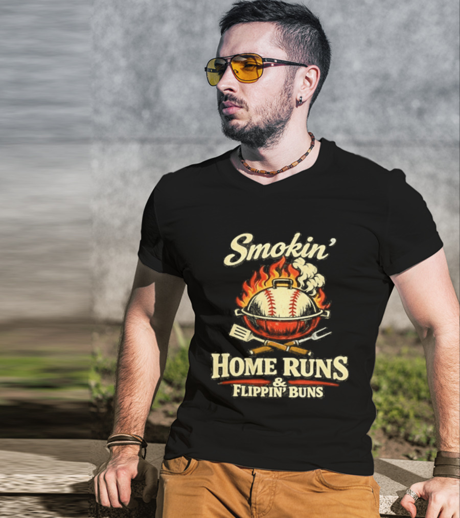 Smokin Home Runs Flippin Buns Baseball Grill Flame T-Shirt