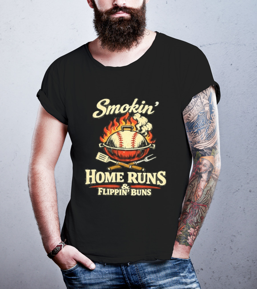 Smokin Home Runs Flippin Buns Baseball Grill Flame T-Shirt