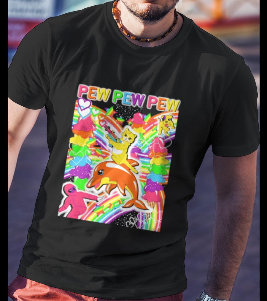 Pew Pew Pew Rainbow Pride Fun With Colorful Dolphins And Hearts T-Shirt