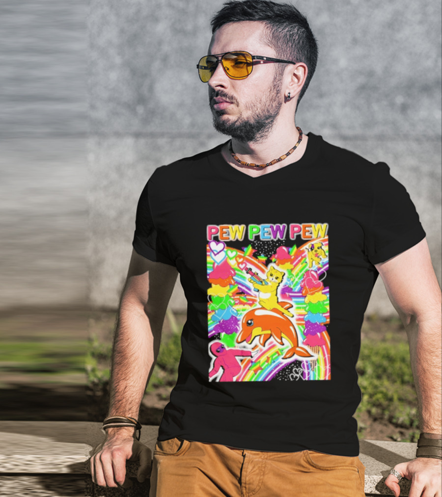 Pew Pew Pew Rainbow Pride Fun With Colorful Dolphins And Hearts T-Shirt