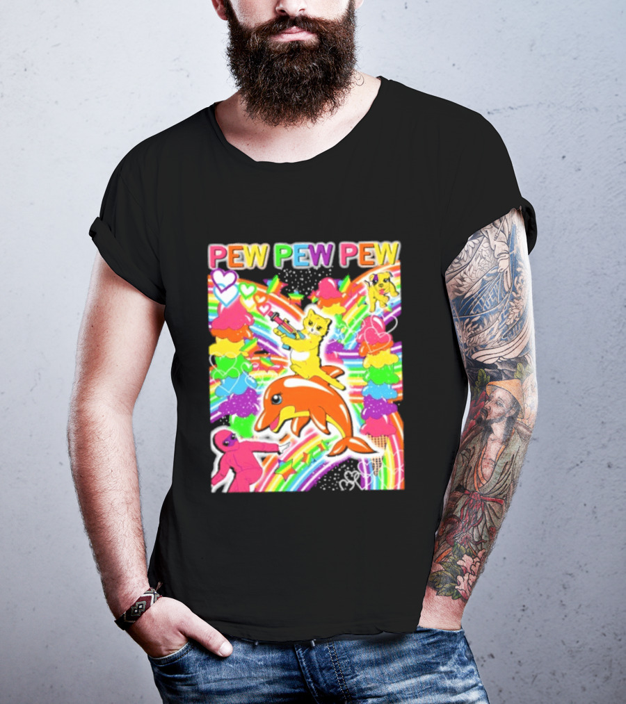 Pew Pew Pew Rainbow Pride Fun With Colorful Dolphins And Hearts T-Shirt