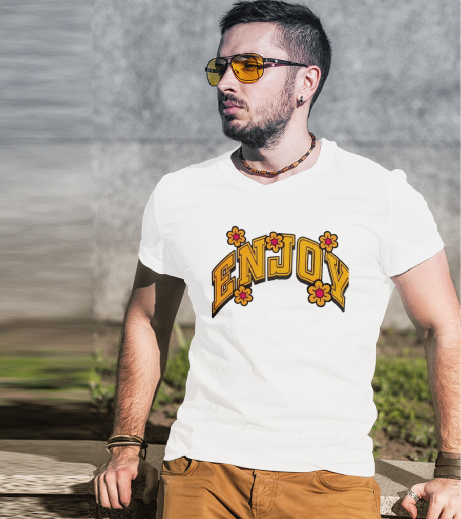 Enjoy Curved Flowers Yellow Font Floral Blossoms T-Shirt