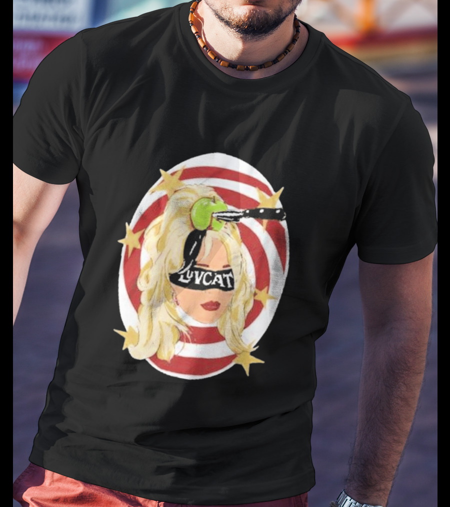 Luvcat Blonde Woman Bullseye Knife Apple Starburst T-Shirt