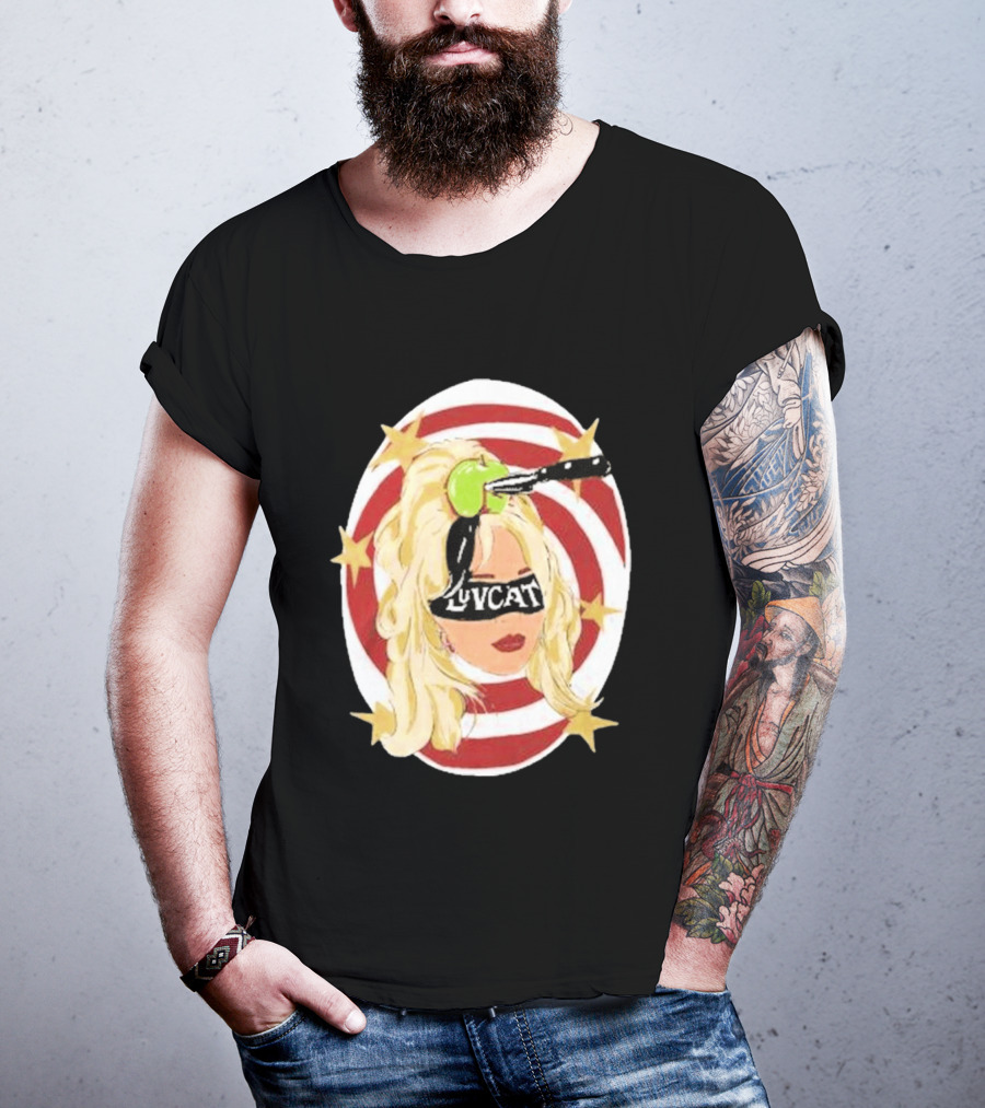 Luvcat Blonde Woman Bullseye Knife Apple Starburst T-Shirt