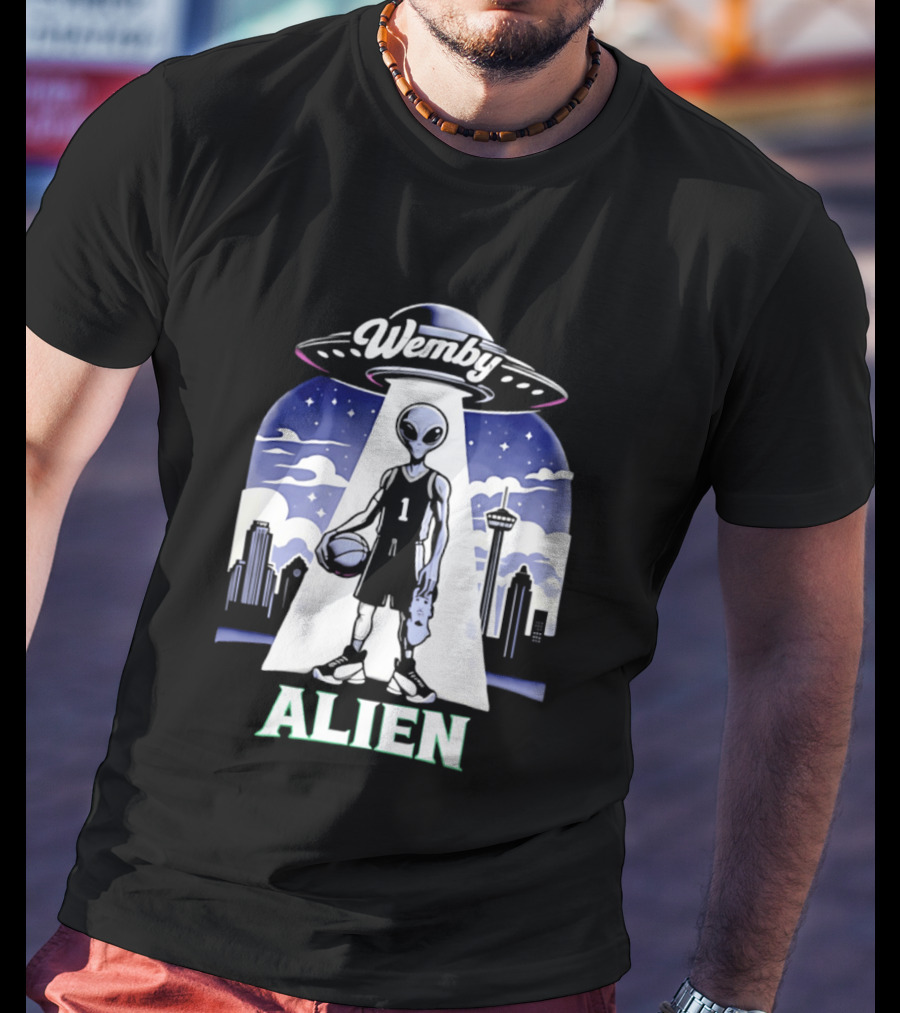 Wemby Alien Basketball UFO Skyline T-Shirt