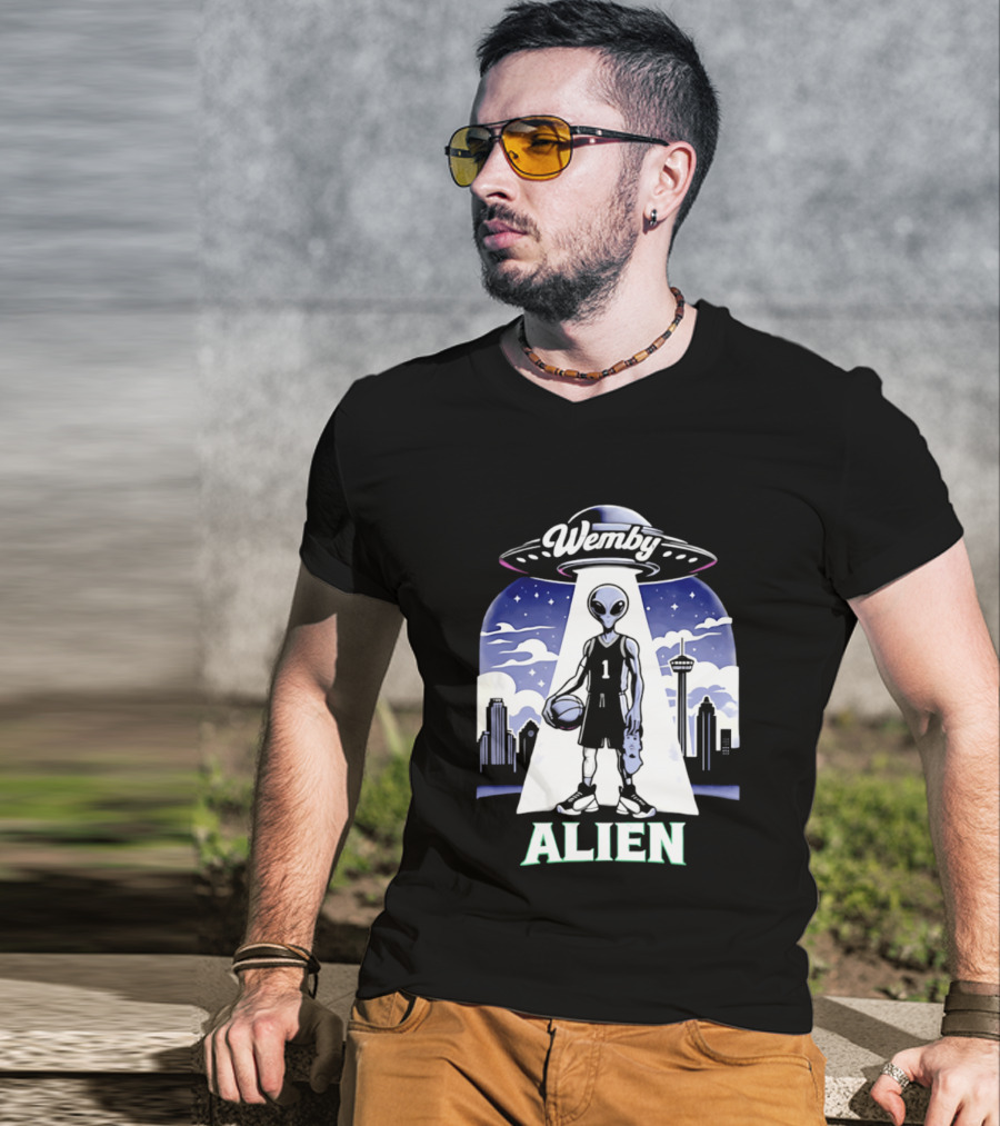 Wemby Alien Basketball UFO Skyline T-Shirt