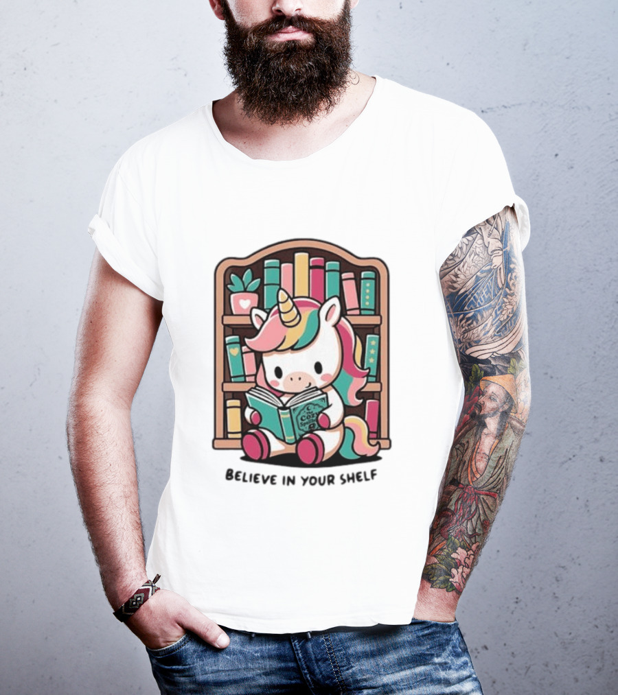 Unicorn Reading Believe In Your Shelf Bookshelf Magic T-Shirt