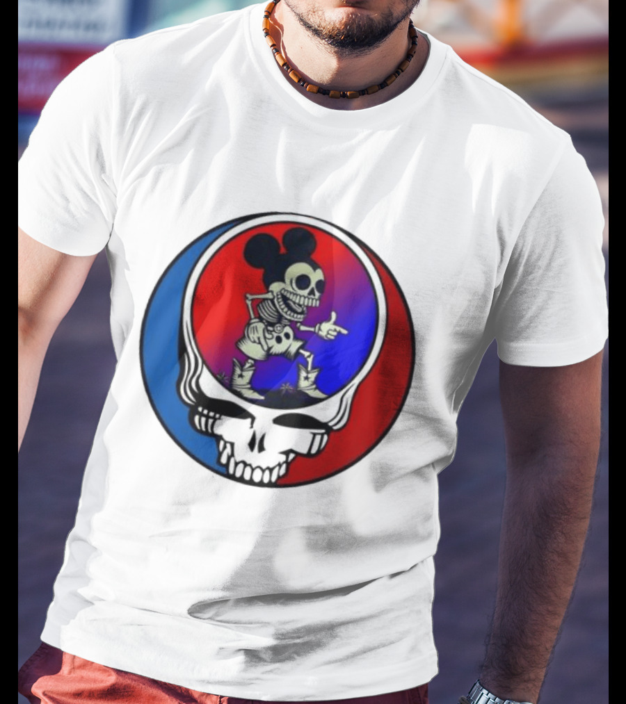 Mickey Mouse Skeleton With Grateful Dead Skull And Roses T-Shirt