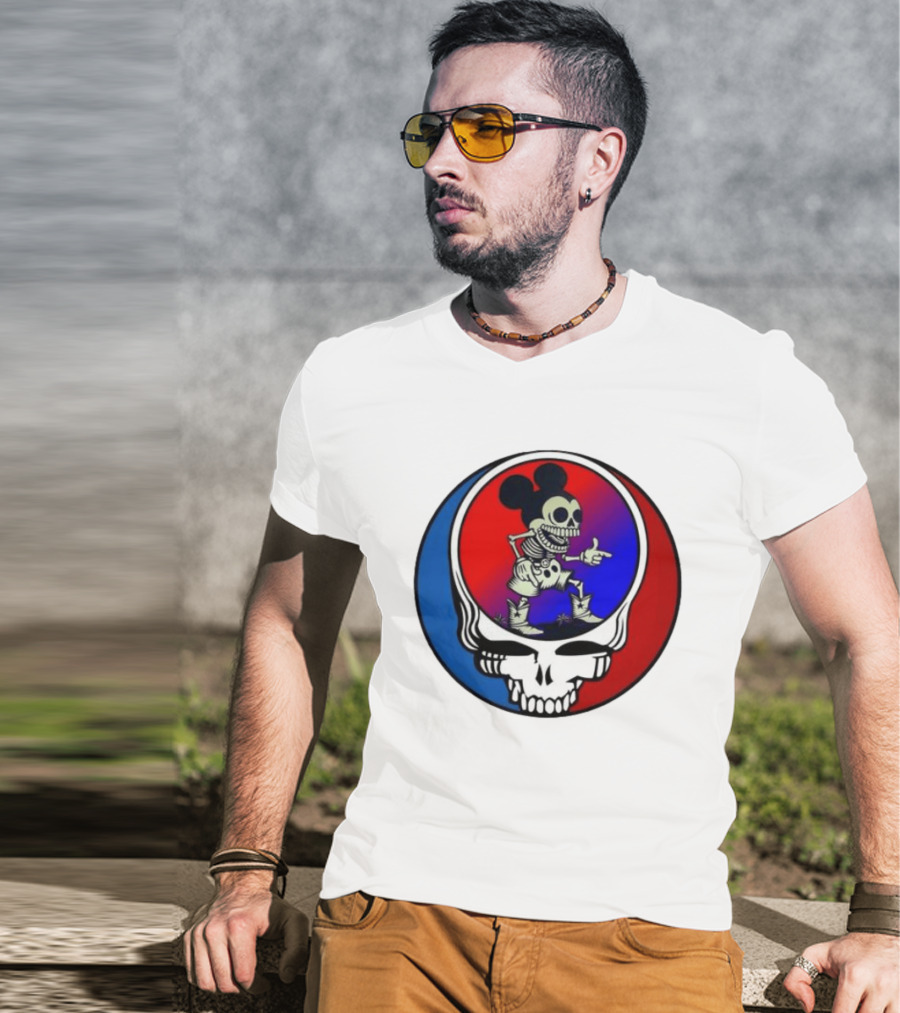 Mickey Mouse Skeleton With Grateful Dead Skull And Roses T-Shirt