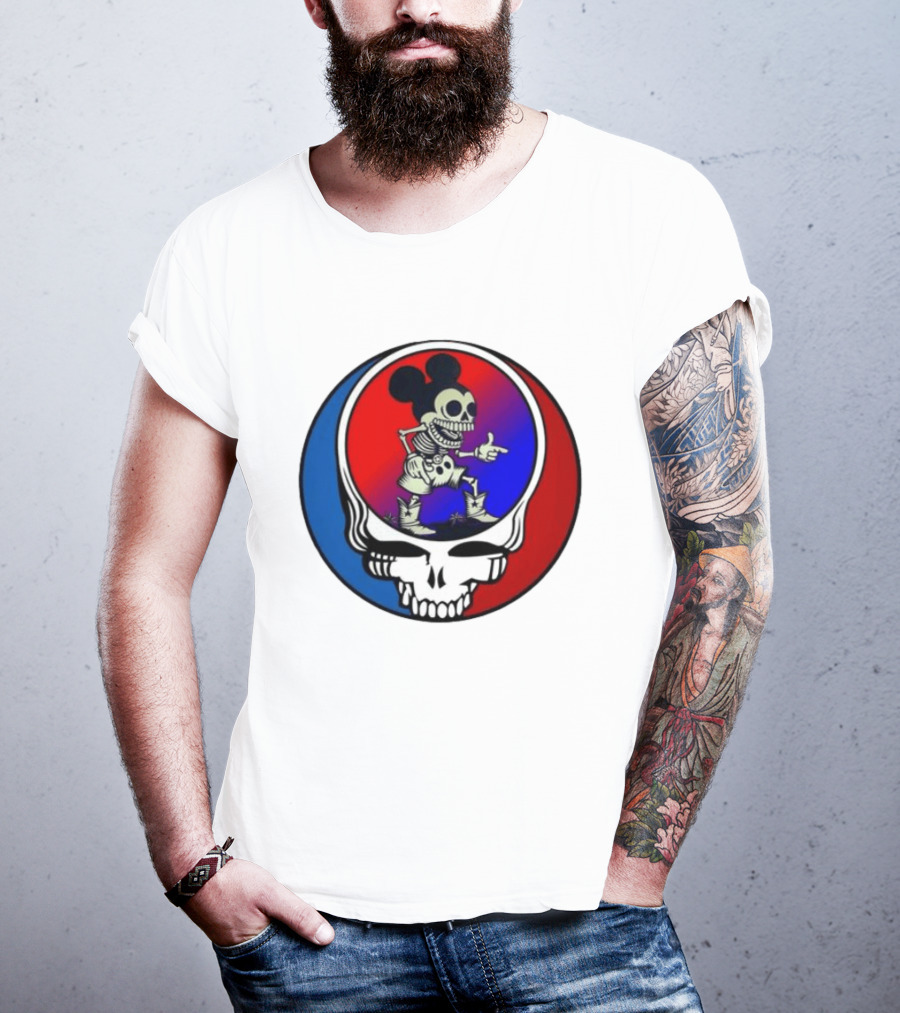Mickey Mouse Skeleton With Grateful Dead Skull And Roses T-Shirt