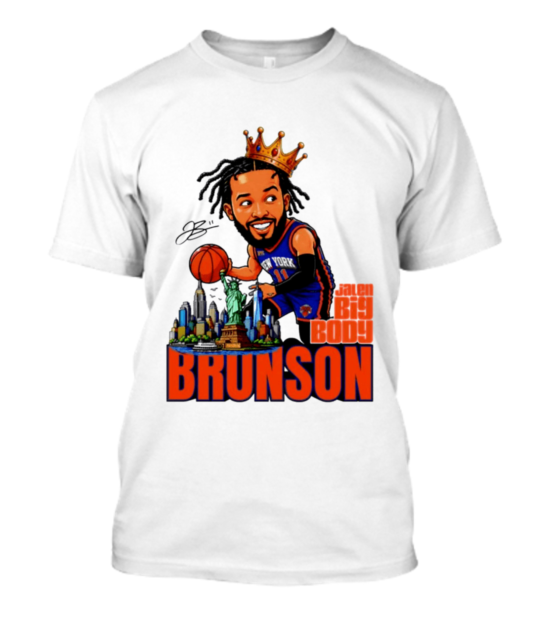 Jalen Brunson King Of NY Caricature With Statue Of Liberty And New York Skyline T-Shirt