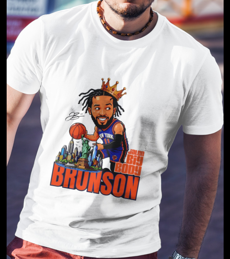 Jalen Brunson King Of NY Caricature With Statue Of Liberty And New York Skyline T-Shirt