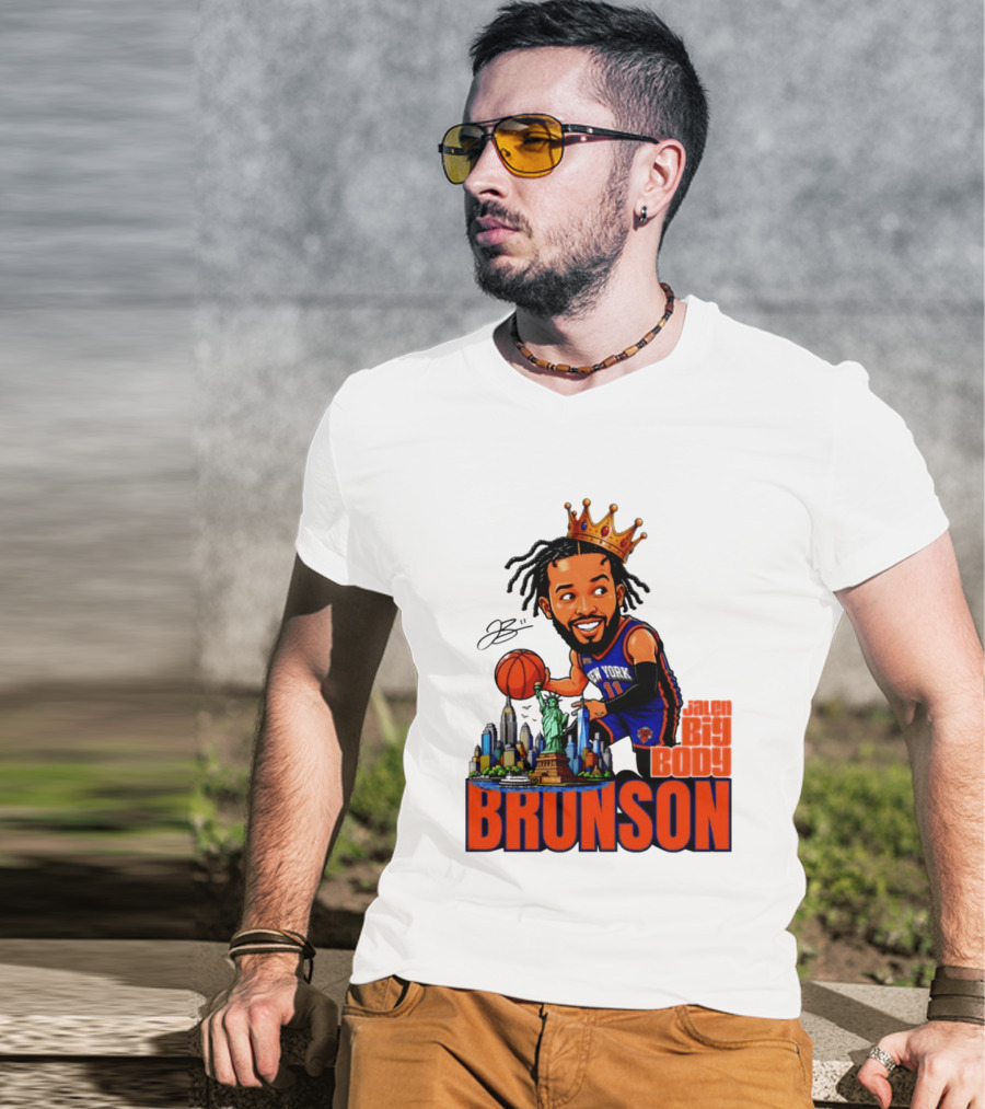 Jalen Brunson King Of NY Caricature With Statue Of Liberty And New York Skyline T-Shirt