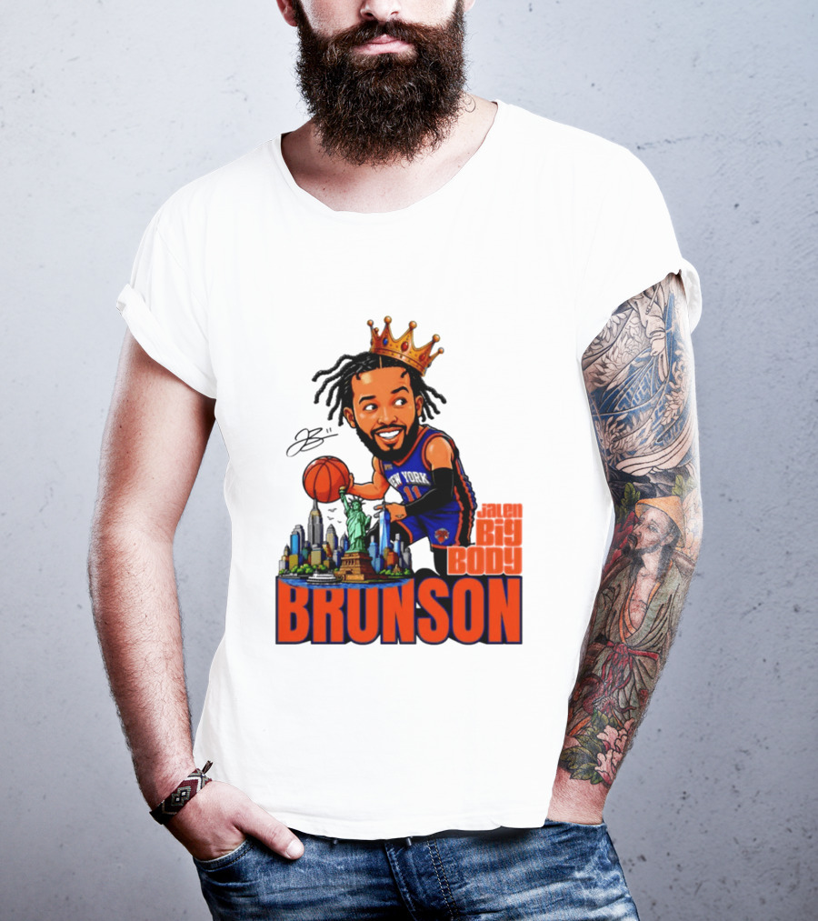 Jalen Brunson King Of NY Caricature With Statue Of Liberty And New York Skyline T-Shirt