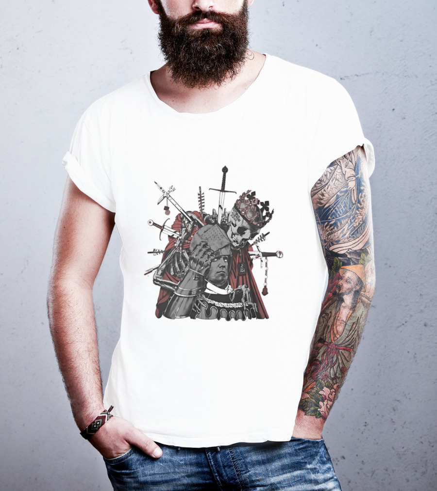 Memento Mori Skeleton King With Medieval Crown Swords And Halberd T-Shirt