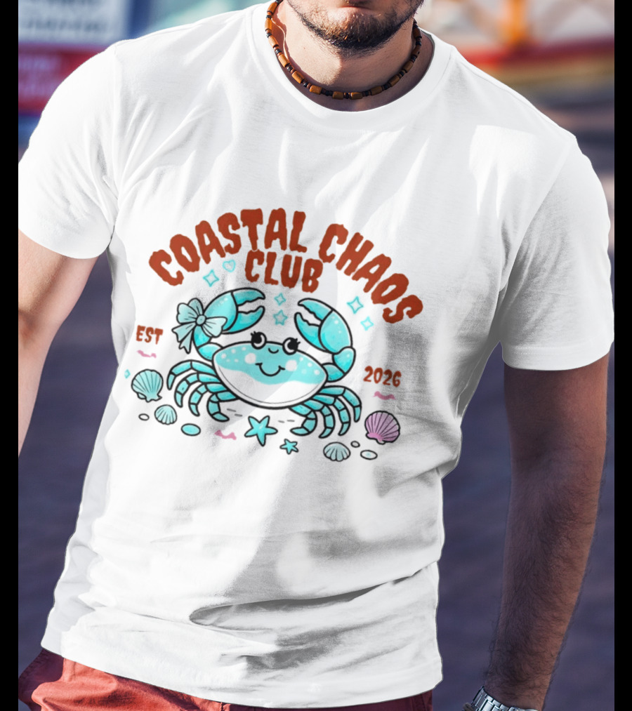 Coastal Chaos Club Est 2026 Smiling Crab Seashells Starfish Bow T-Shirt