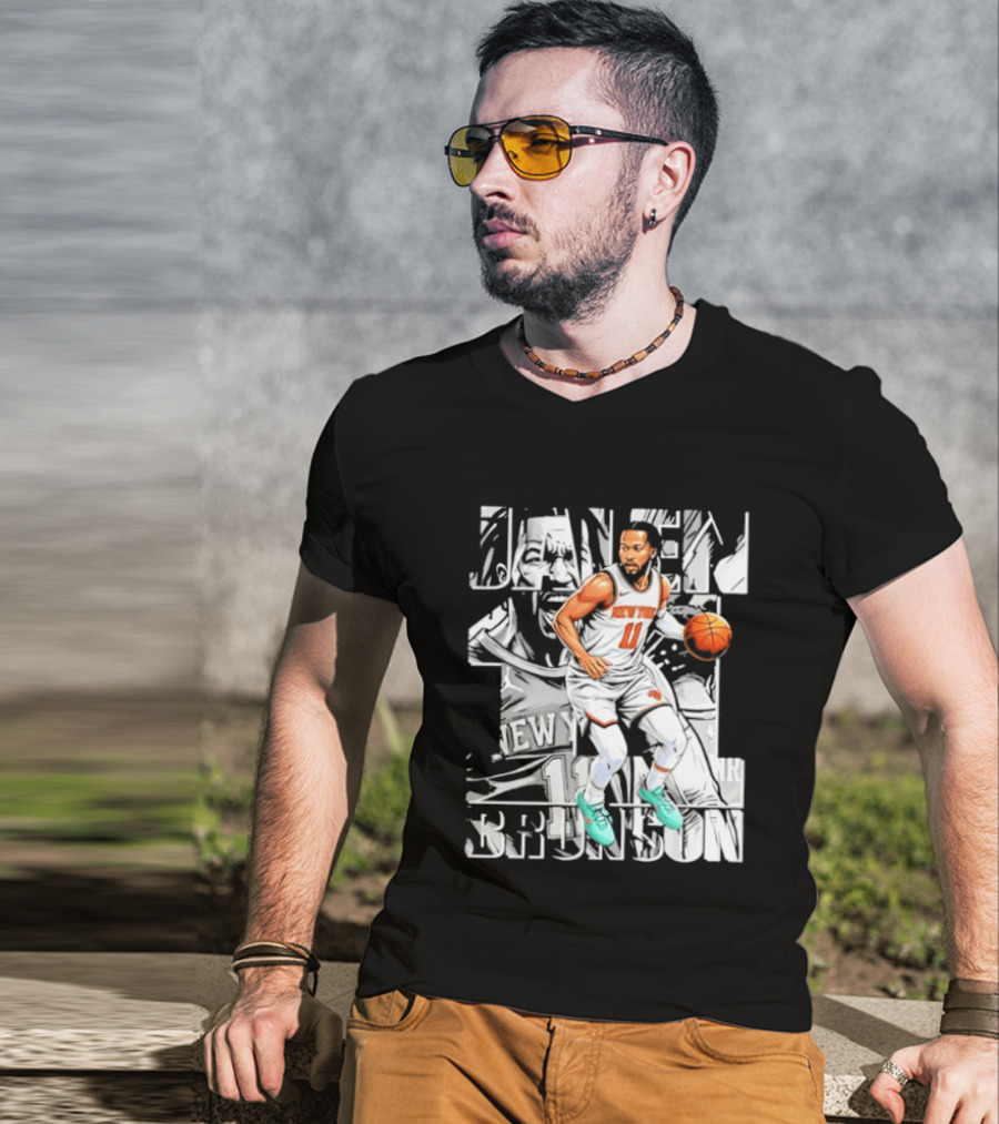 Jalen Brunson New York Number 11 Basketball Player Dribbling Action T-Shirt