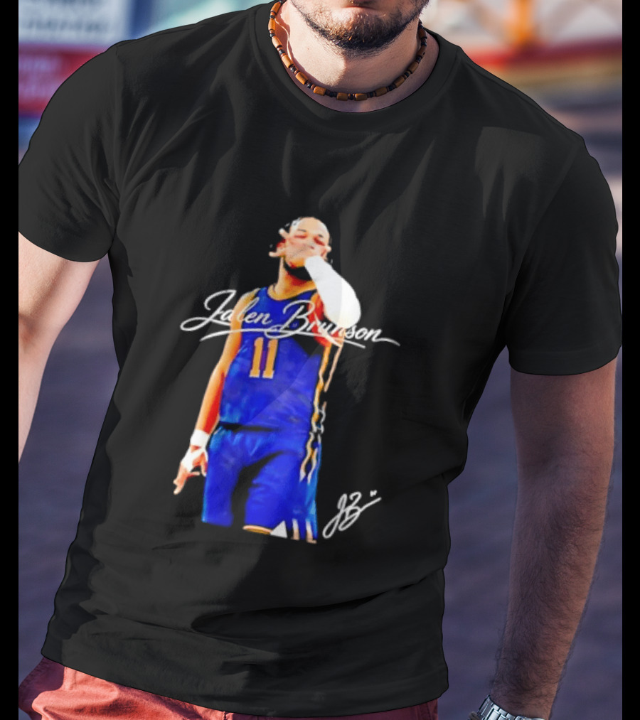 Jalen Brunson 11 Signature Gesture Basketball Blue Uniform T-Shirt