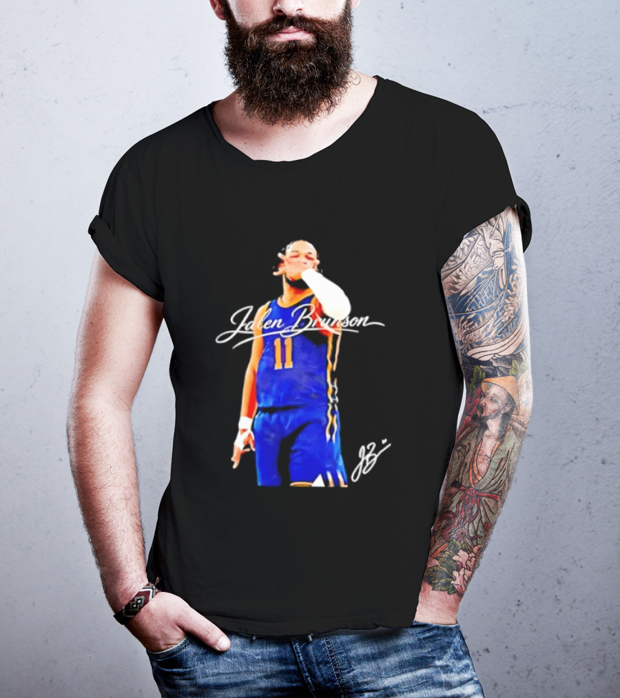 Jalen Brunson 11 Signature Gesture Basketball Blue Uniform T-Shirt