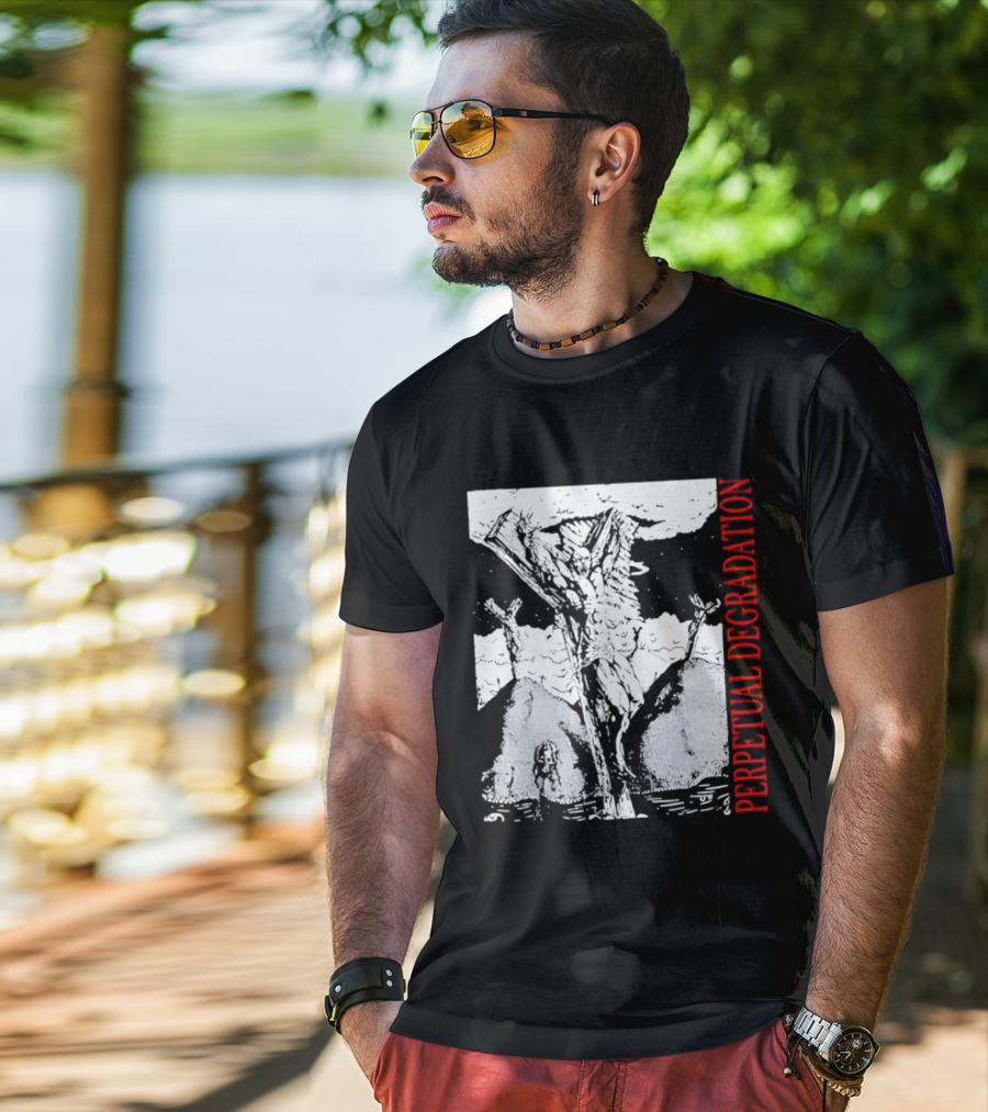 Perpetual Degradation Monster Crucifixion Skull Mountains Clouds T-Shirt
