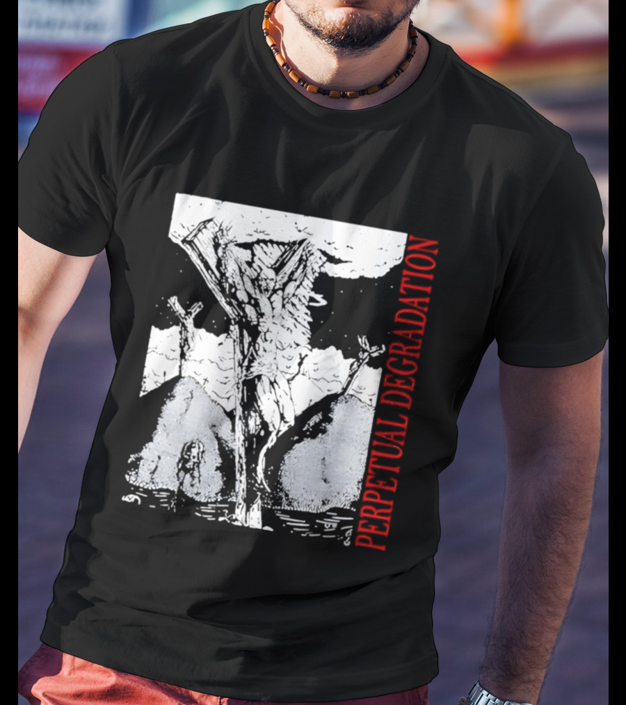 Perpetual Degradation Monster Crucifixion Skull Mountains Clouds T-Shirt