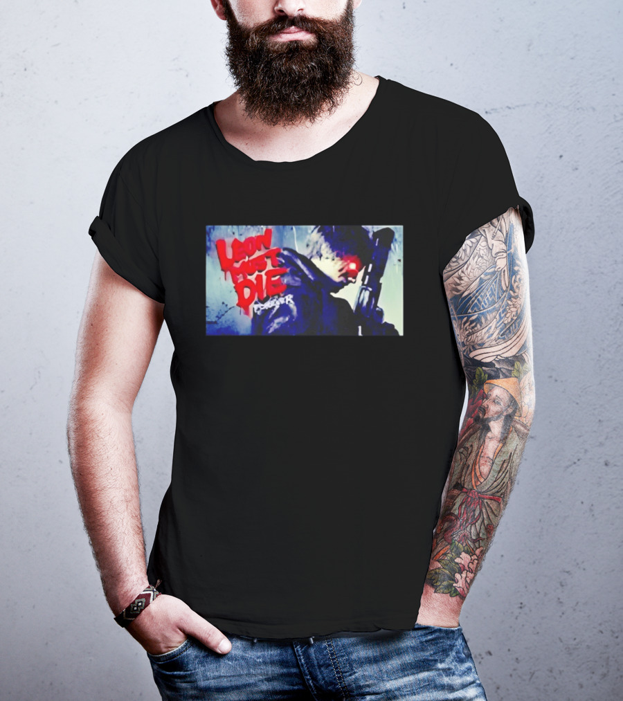 Leon Must Die Forever Red Text Gaming Warrior With Dark Gunfighter T-Shirt