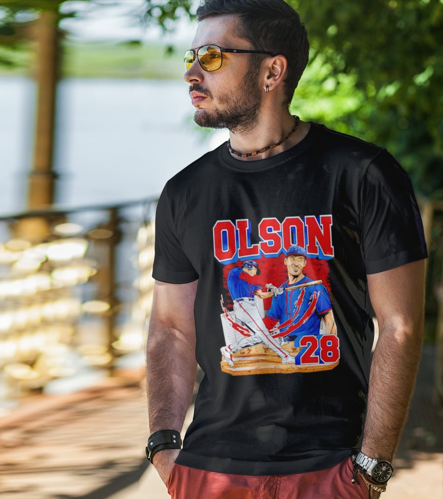 Olson 28 Baseball Player Blue And Red Hand Drawn T-Shirt