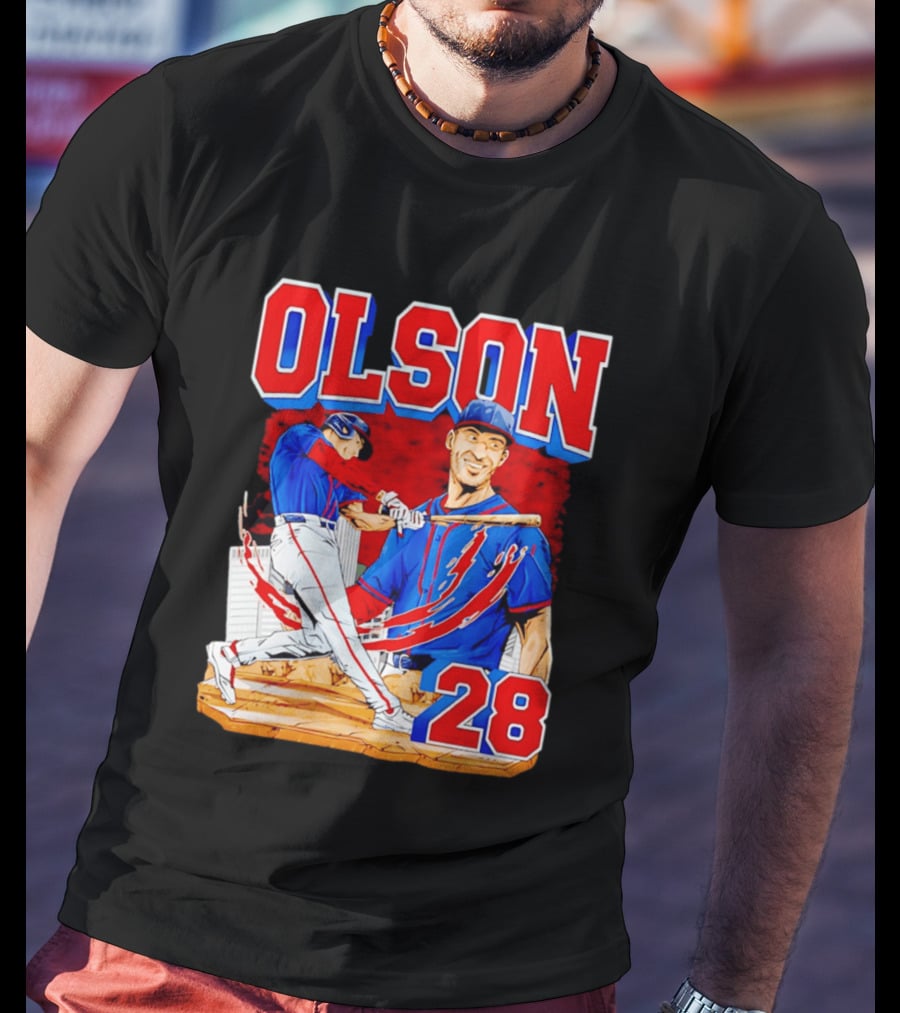 Olson 28 Baseball Player Blue And Red Hand Drawn T-Shirt