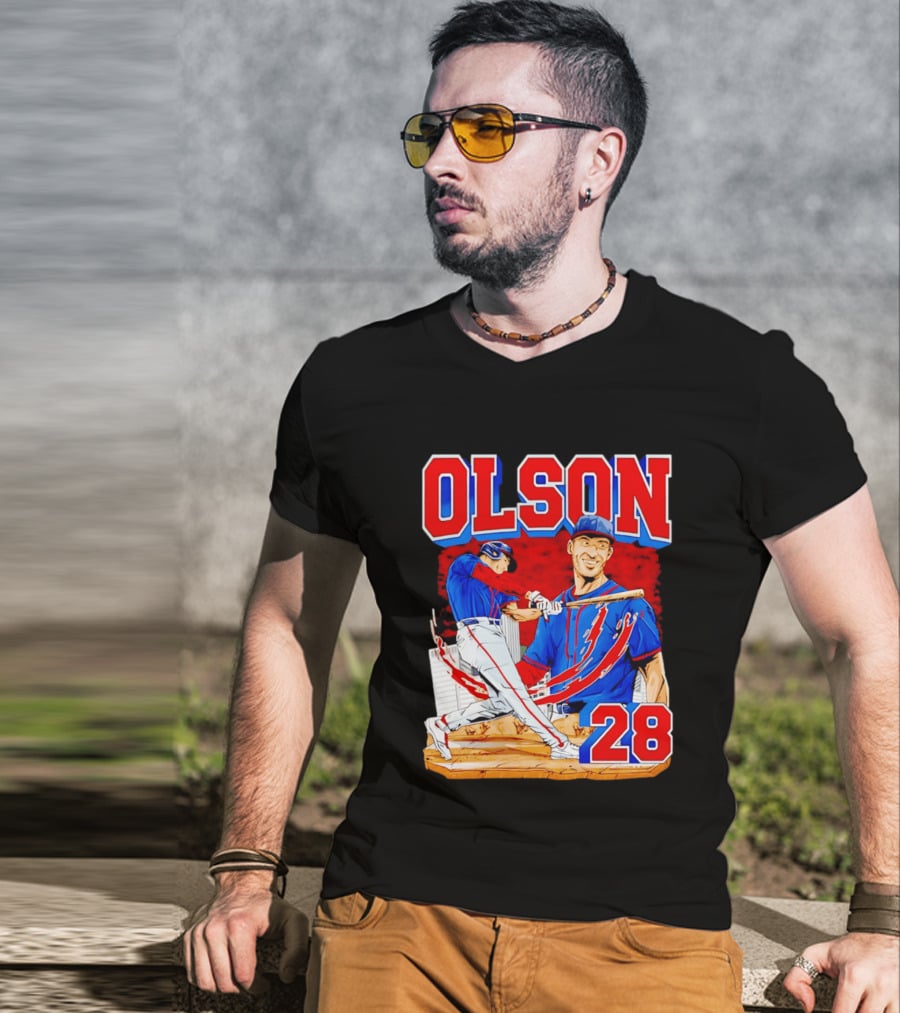 Olson 28 Baseball Player Blue And Red Hand Drawn T-Shirt