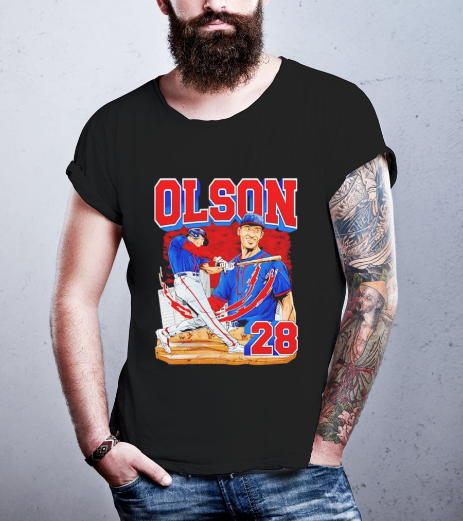 Olson 28 Baseball Player Blue And Red Hand Drawn T-Shirt