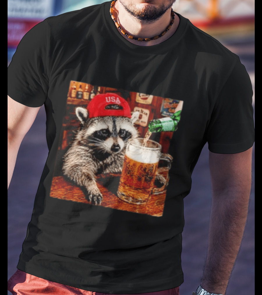 Patriotic Raccoon USA Hat Drinking Beer In Bar Scene T-Shirt