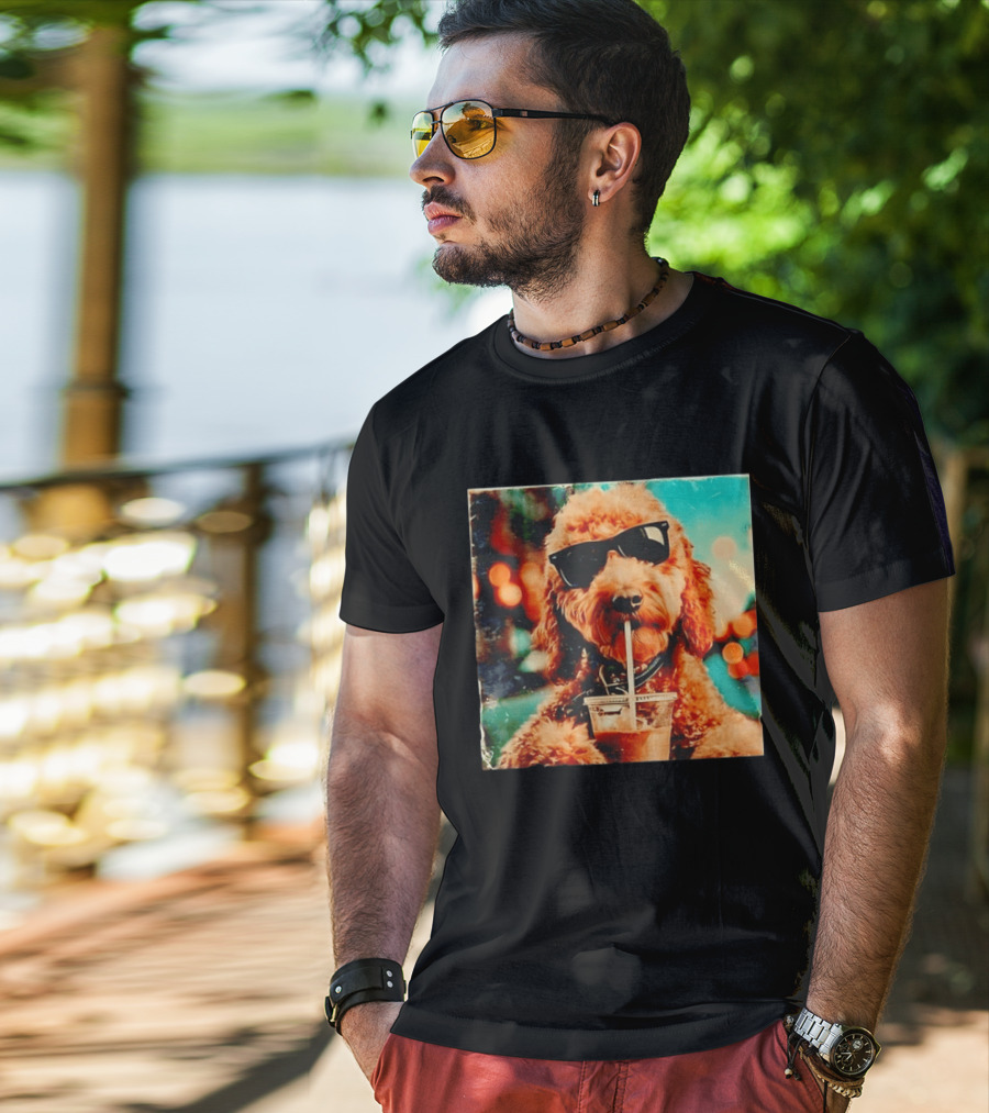 Goldendoodle With Sunglasses Enjoying Iced Coffee Retro Cool Vibes T-Shirt