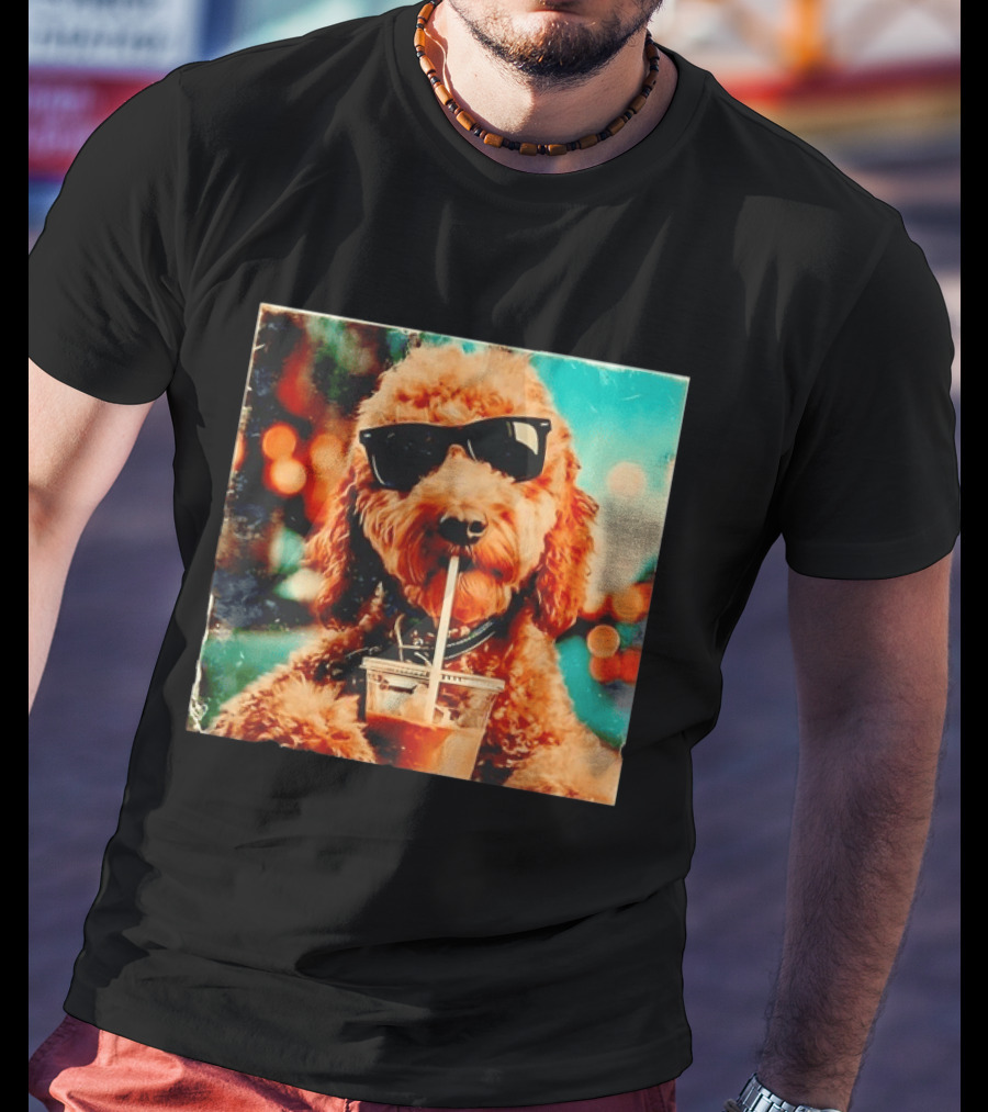 Goldendoodle With Sunglasses Enjoying Iced Coffee Retro Cool Vibes T-Shirt