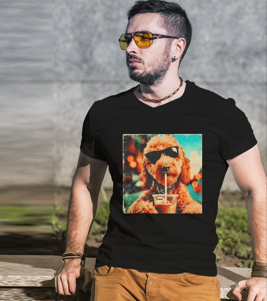 Goldendoodle With Sunglasses Enjoying Iced Coffee Retro Cool Vibes T-Shirt