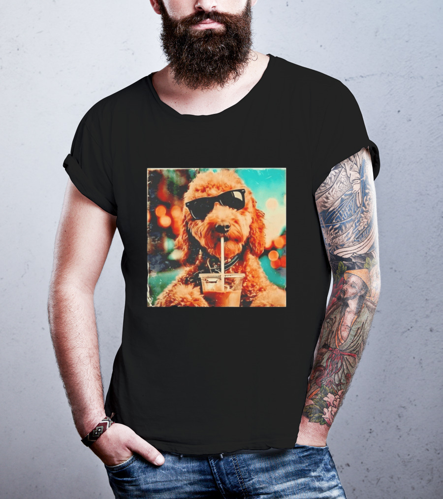 Goldendoodle With Sunglasses Enjoying Iced Coffee Retro Cool Vibes T-Shirt