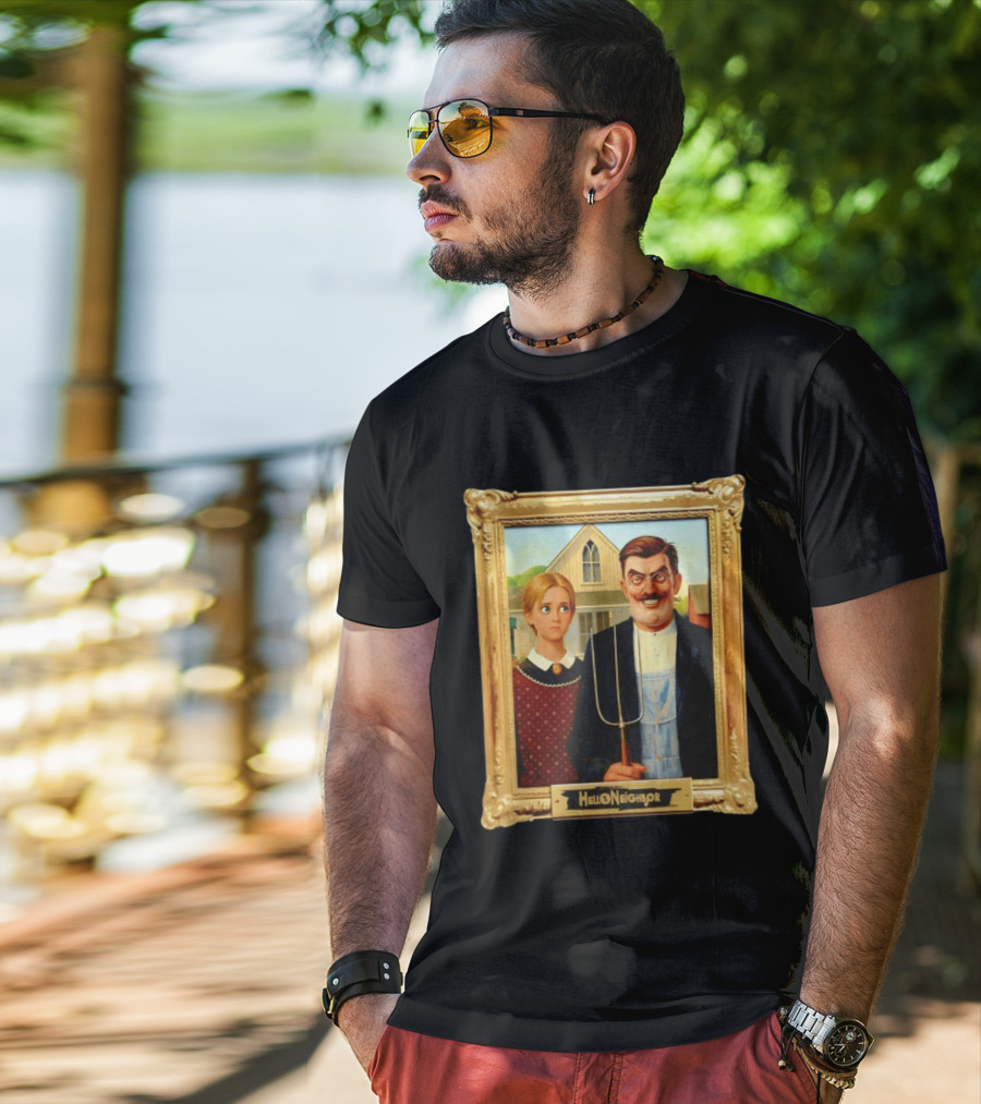 Hello Neighbor American Gothic Man Pitchfork Girl Painting Frame T-Shirt