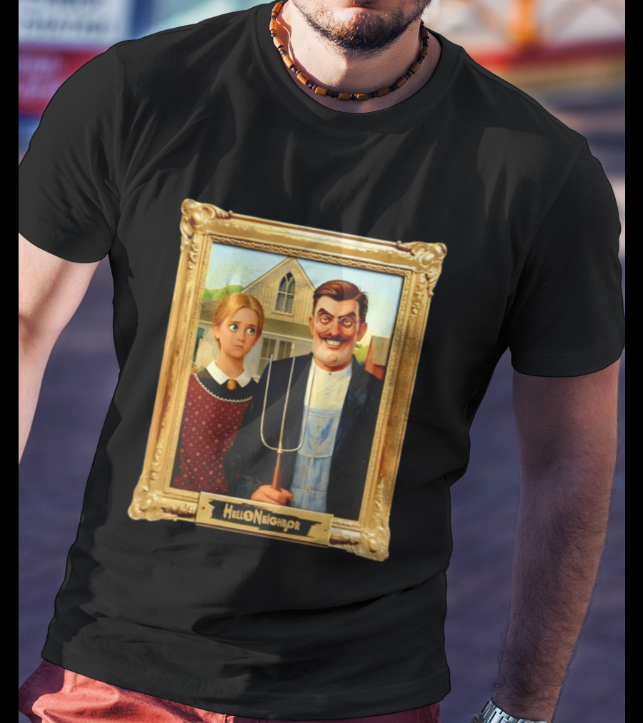 Hello Neighbor American Gothic Man Pitchfork Girl Painting Frame T-Shirt