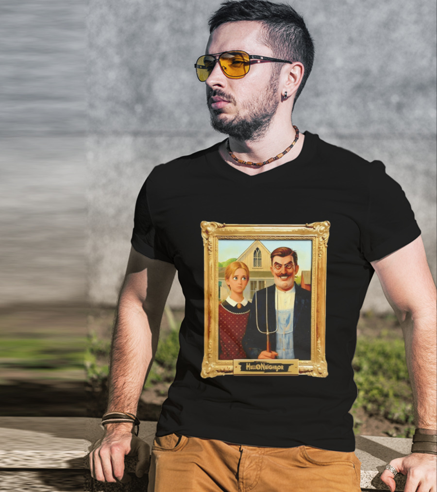 Hello Neighbor American Gothic Man Pitchfork Girl Painting Frame T-Shirt