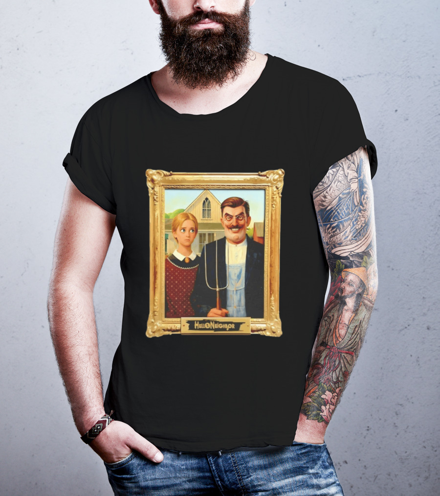 Hello Neighbor American Gothic Man Pitchfork Girl Painting Frame T-Shirt