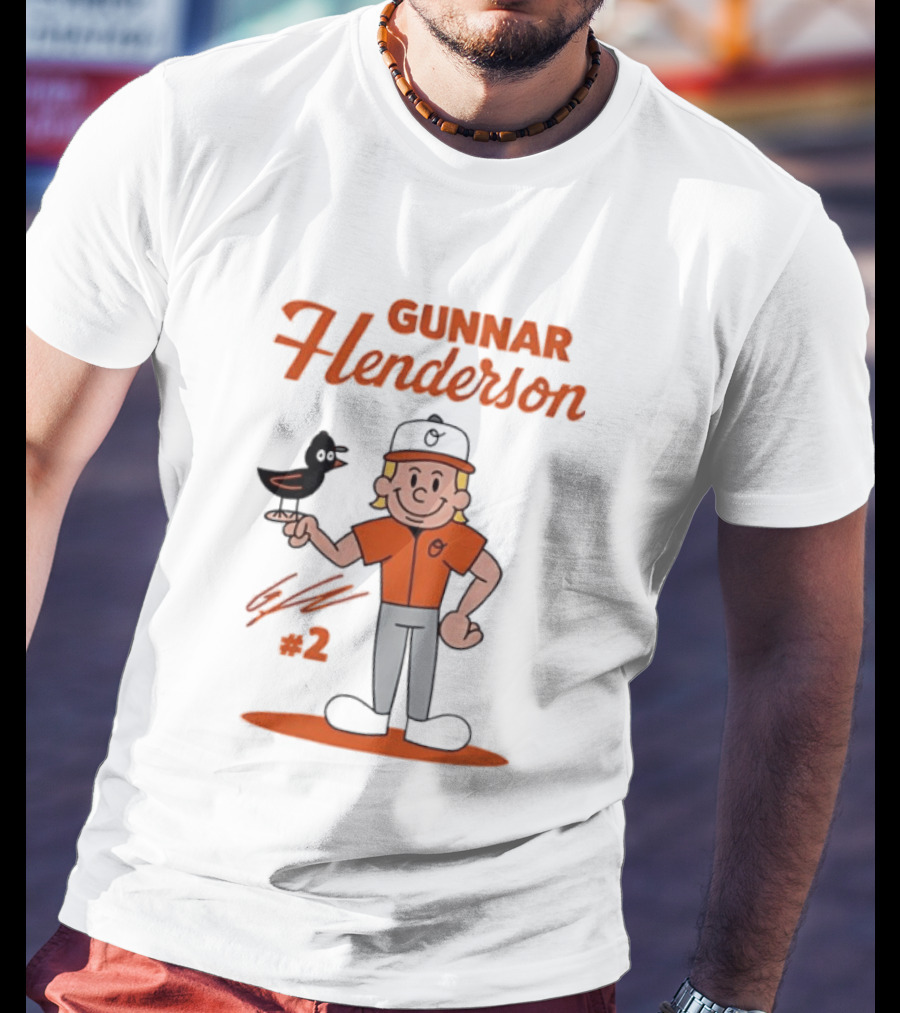 Gunnar Henderson Baltimore Orioles MLB Player Cartoon Character With Bird And Number 2 T-Shirt