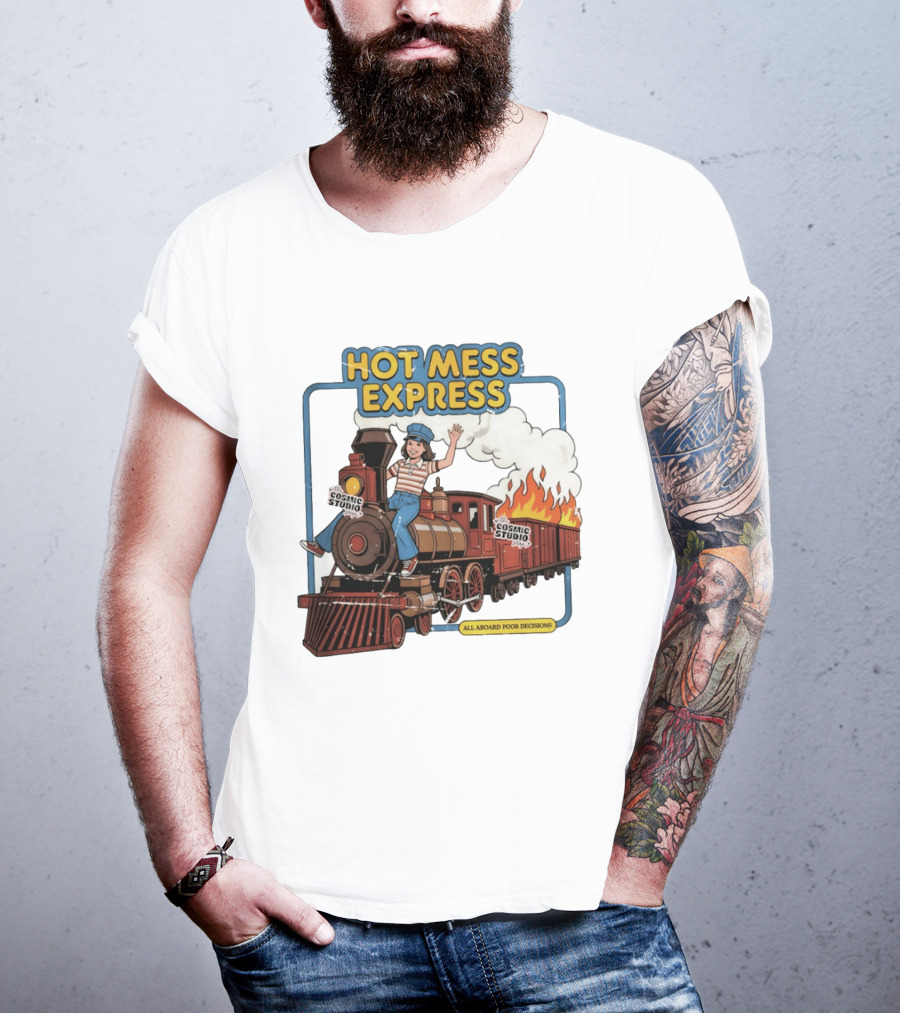 Hot Mess Express All Aboard Poor Decisions Cosmic Studio Vintage Train Cartoon T-Shirt