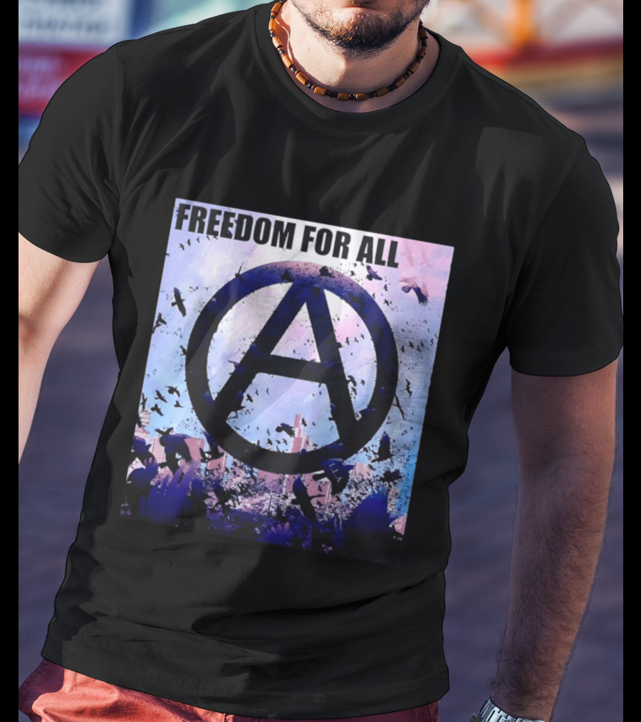 FdA IFA Freedom For All Anarchy Symbol With Birds And City Skyline T-Shirt