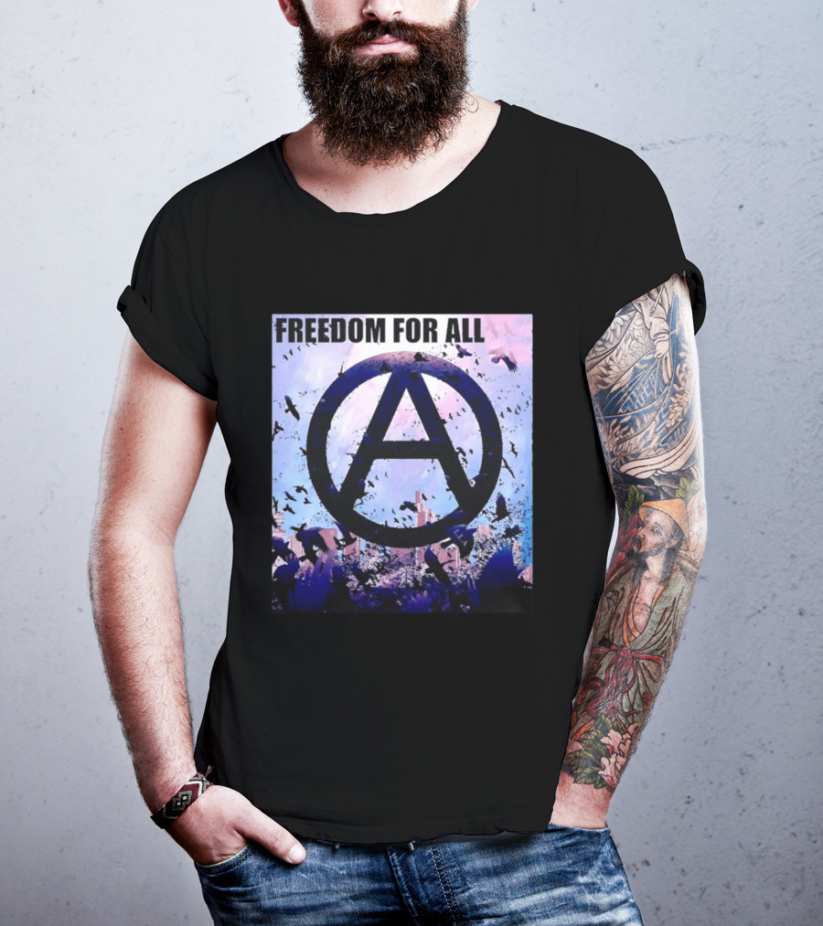 FdA IFA Freedom For All Anarchy Symbol With Birds And City Skyline T-Shirt
