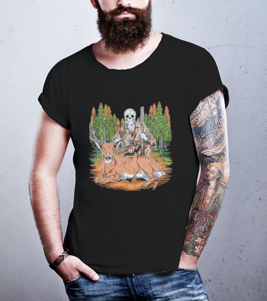 Skeleton Deer Hunting Skull Mask Camouflage Forest Scene T-Shirt