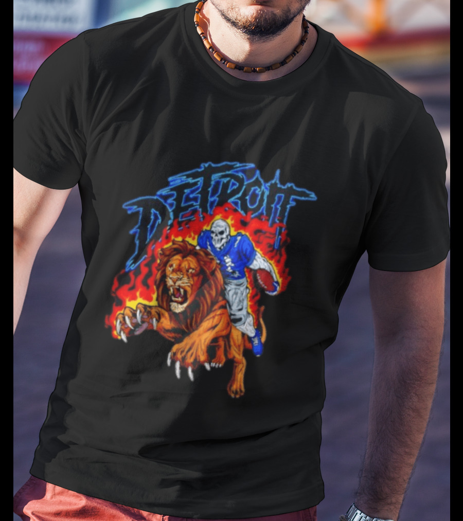 Detroit Skeleton Football Player Lion Fire Fusion T-Shirt