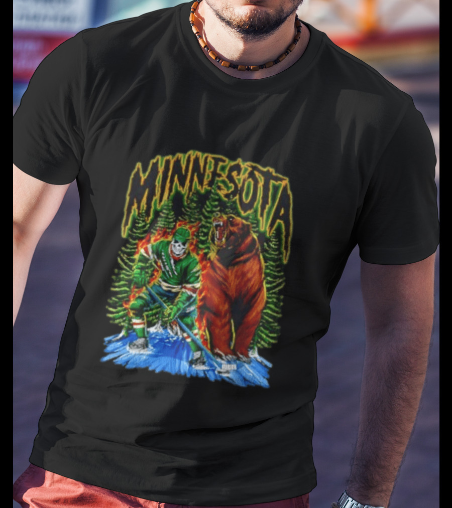 Minnesota Wild Hockey Skeleton Bear Forest Fire T-Shirt