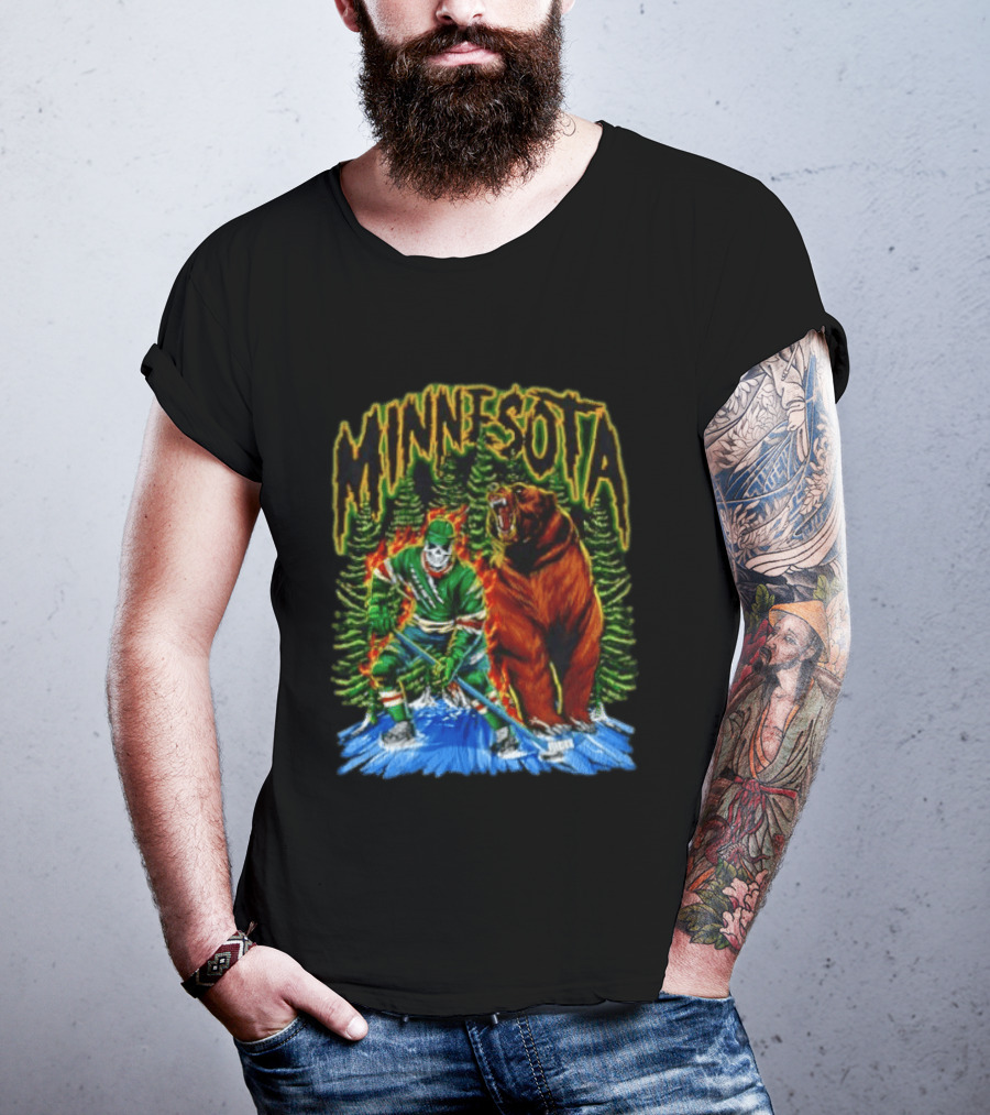 Minnesota Wild Hockey Skeleton Bear Forest Fire T-Shirt