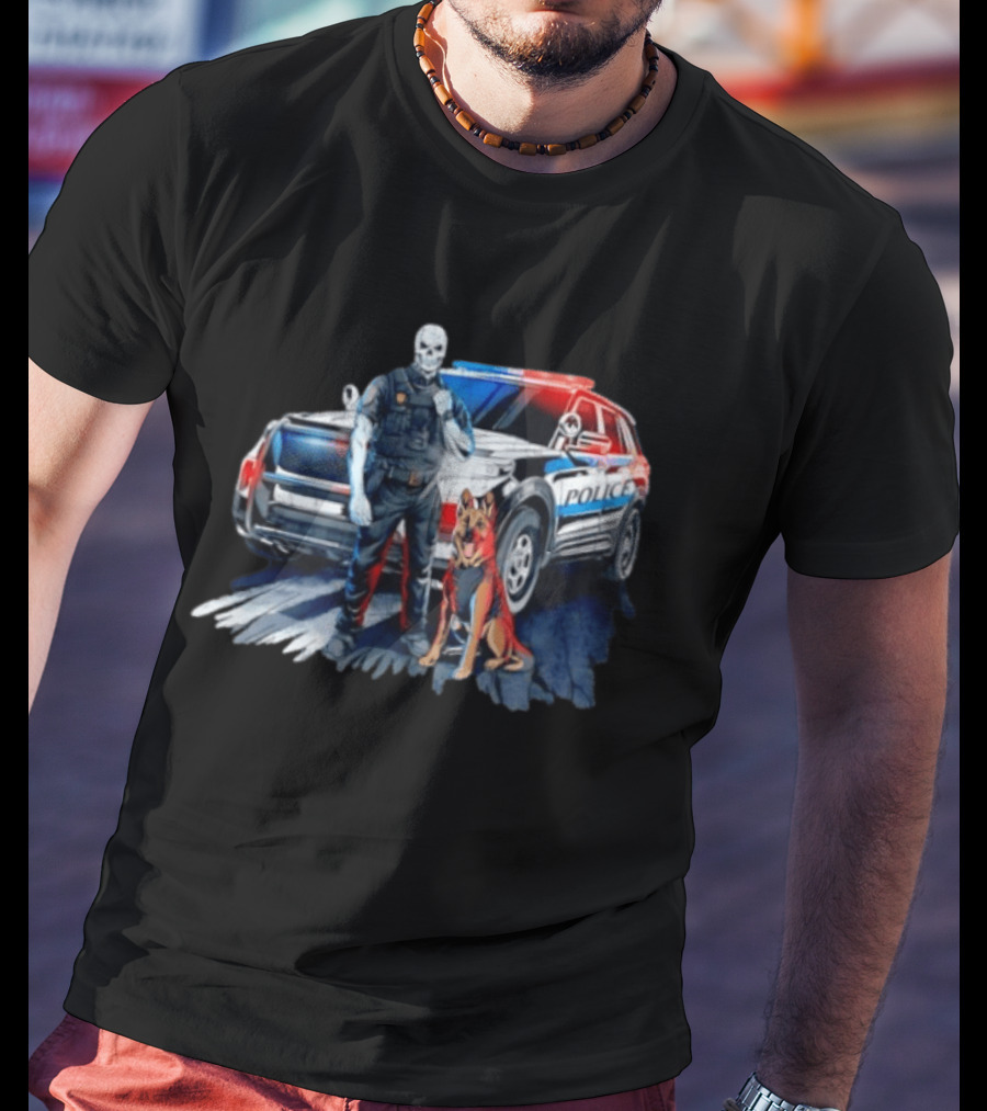 Skeleton Police Officer And Working Dog With Patrol Car T-Shirt