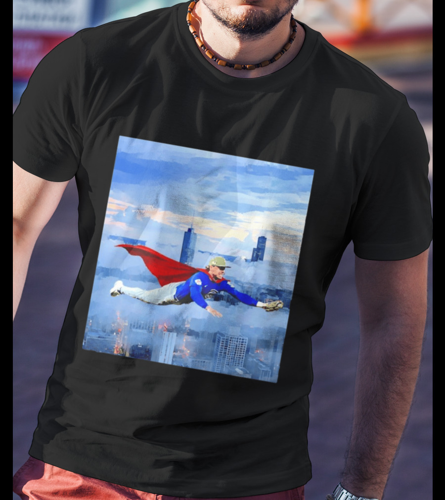 Superman Nico Hoerner Chicago Cubs Second Baseman Flying Over City Skyline T-Shirt