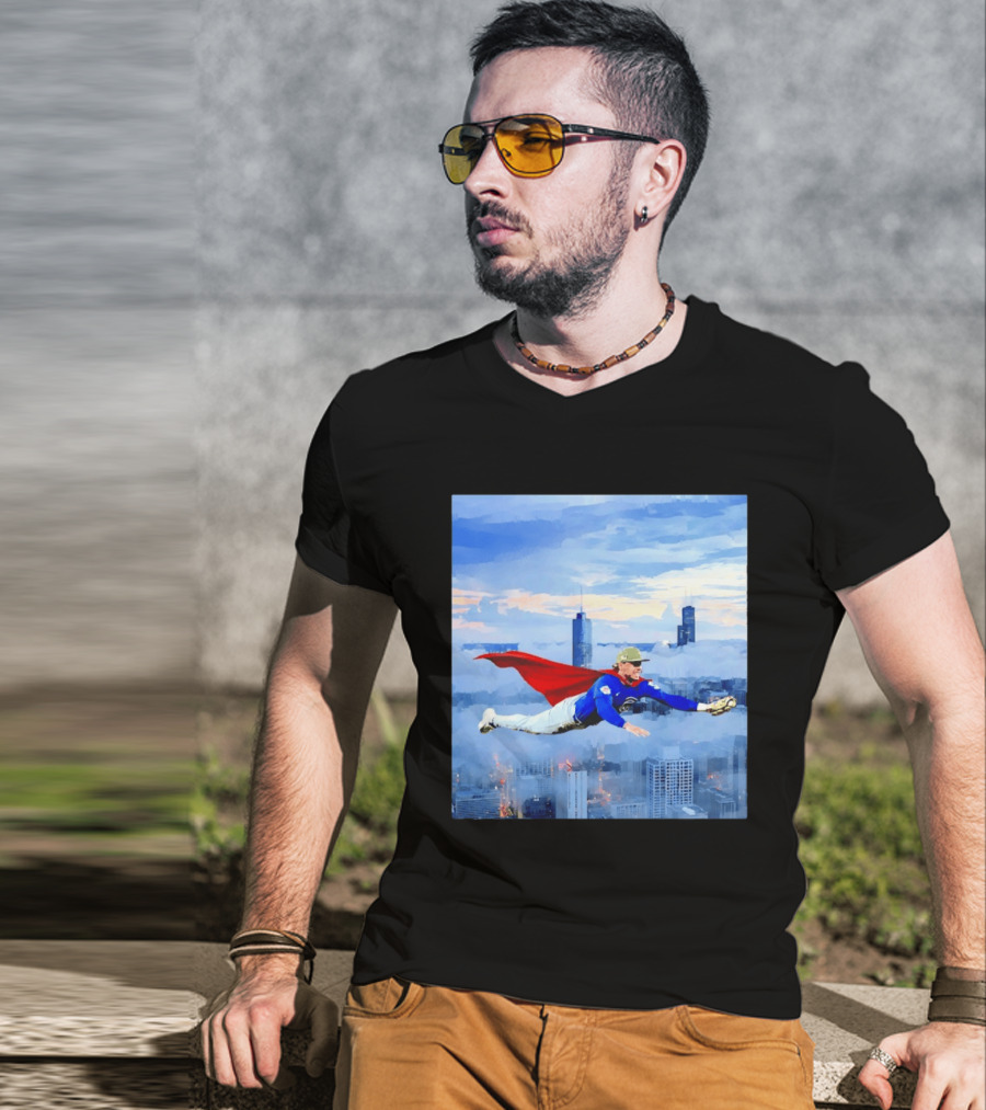 Superman Nico Hoerner Chicago Cubs Second Baseman Flying Over City Skyline T-Shirt